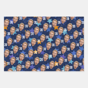 Funny Face Personalized Photo Blue Party Wrapping Paper Sheets
