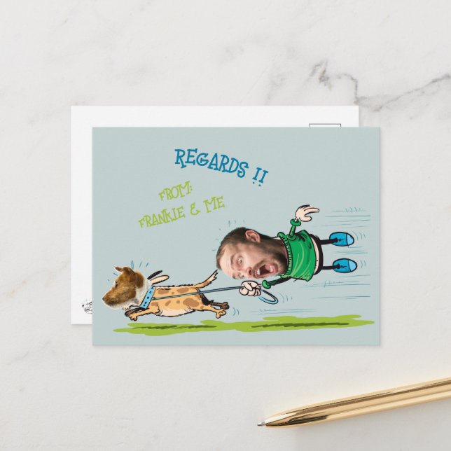 Funny Face photo Man Walking dog playful Postcard (Front/Back In Situ)