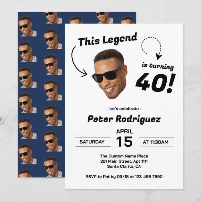 Funny Face Photo Men 40th Birthday Party Invitation (Front/Back)