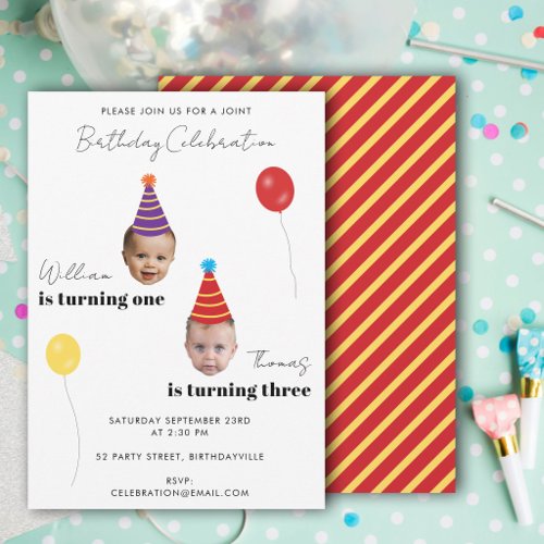 Funny Face Photos Kids Joint Birthday Party Invitation