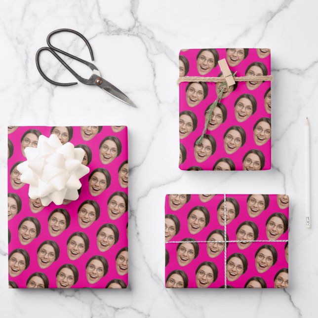Funny Face Pink Custom Photo Birthday Wrapping Paper Sheets (Front)