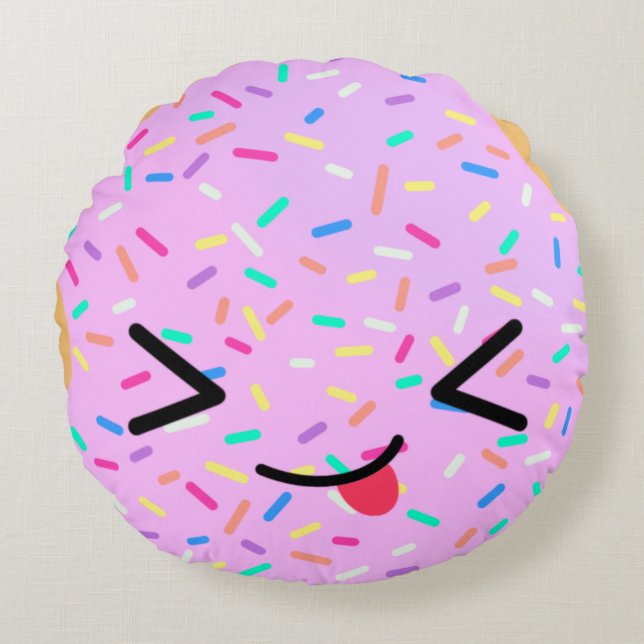 Funny Face Pink Donut Round Throw Pillow (Front)