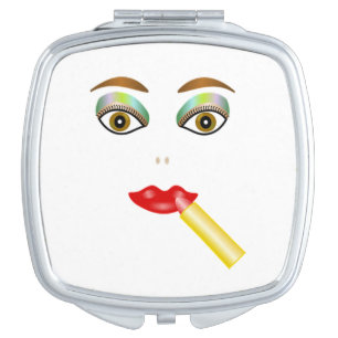 Funny face putting on lipstick. compact mirror