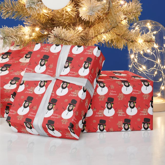 Funny Face Snowman Merry Christmas Photo Custom  Wrapping Paper (Holidays)