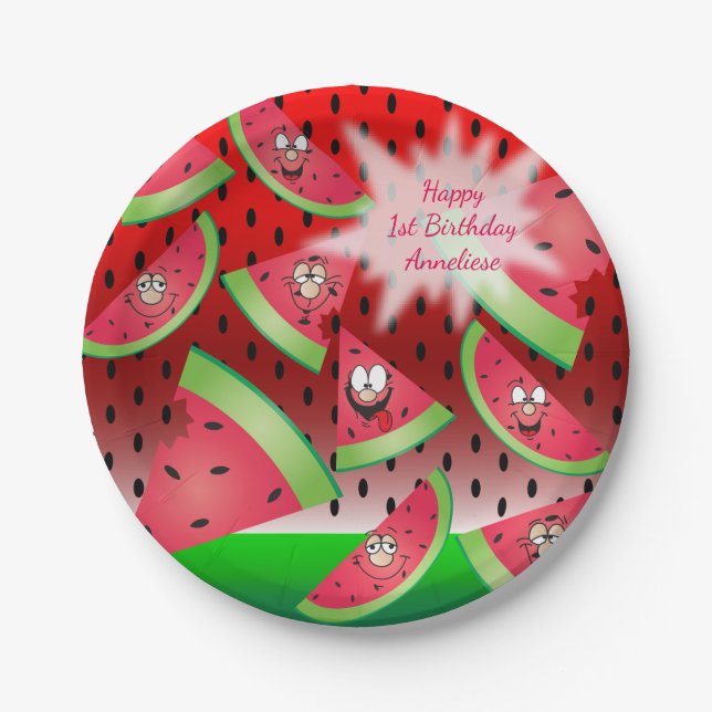 Funny Face Watermelon Design Paper Plates (Front)