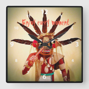 Funny Face Wood Kachina Doll Enjoy Every Moment Square Wall Clock