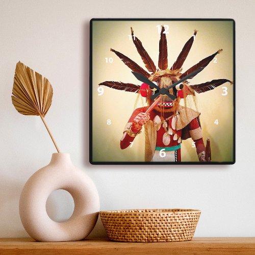 Funny Face Wood Kachina Doll Native American Photo Square Wall Clock