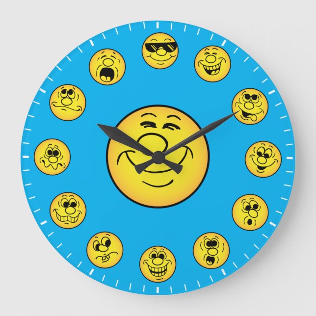 Funny Faces & Expressions in Yellow Emoji's Large Clock (Front)