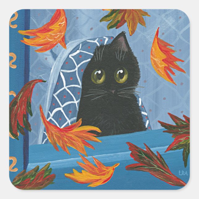 Funny Fall Black Cat Creationarts Square Sticker (Front)