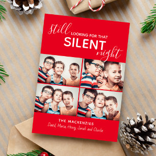 Funny Family 4 Photo Modern Red Christmas Holiday Card