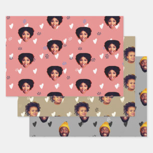 Funny Family Faces and Hearts over Dusty colors Wrapping Paper Sheets