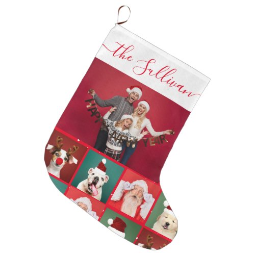 Funny Family Photo Collage Name Red Christmas Large Christmas Stocking