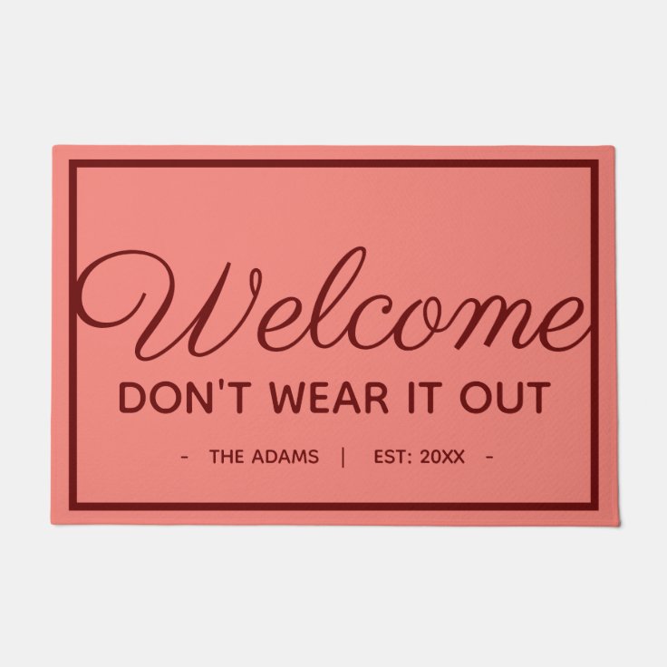 Funny Family Welcome | Modern Coral Dark Red Style Doormat | Zazzle