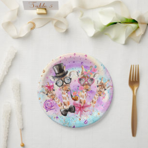 Funny Fantasy Giraffes in the Cotton Candy Clouds Paper Plates