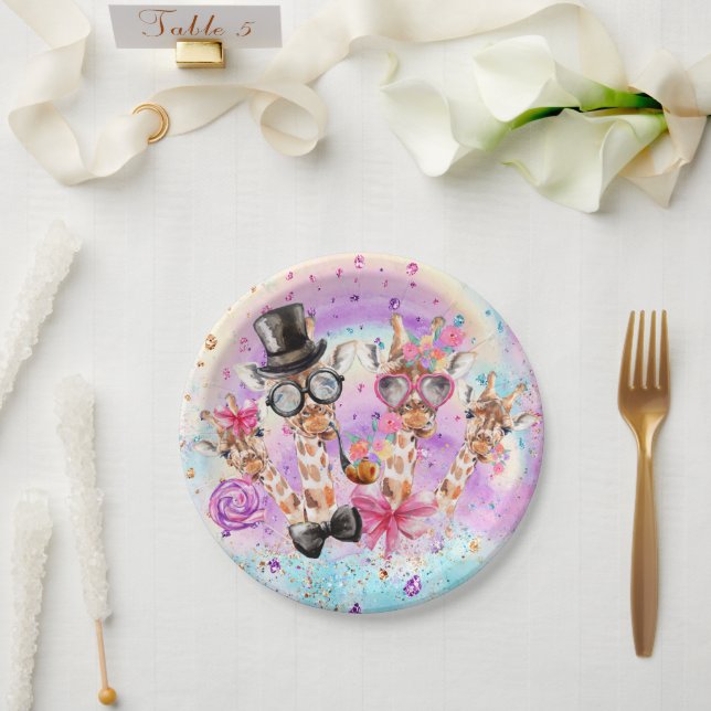 Funny Fantasy Giraffes in the Cotton Candy Clouds Paper Plates (Wedding)