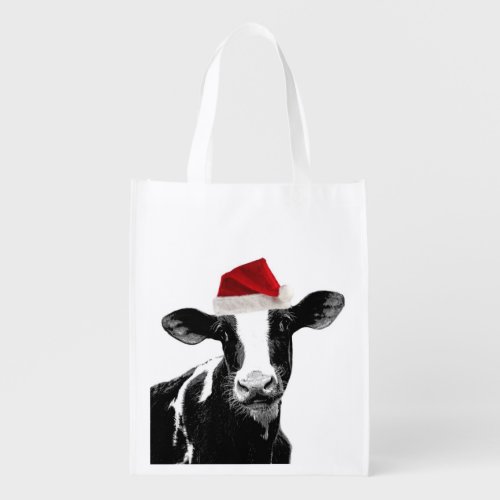 Funny Farm Animal Christmas Cow wearing Santa Hat Reusable Grocery Bag