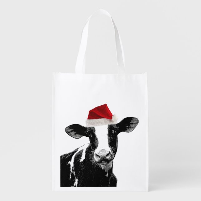 Funny Farm Animal Christmas Cow wearing Santa Hat Reusable Grocery Bag (Front)