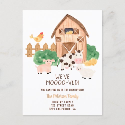Funny farm countryside animals new home moving announcement postcard