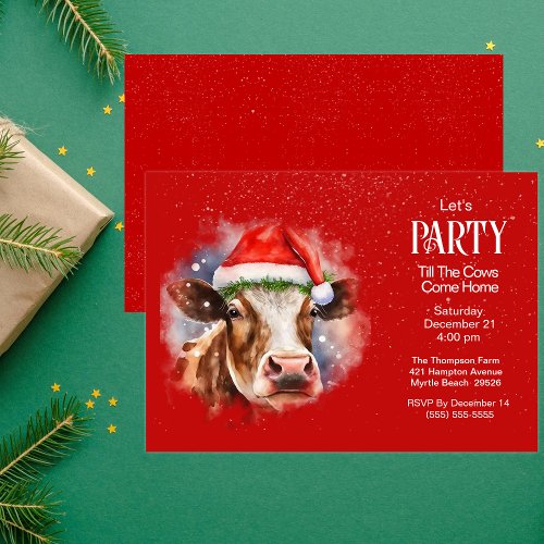 Funny Farm Cow Santa Hat Red Christmas Party Invitation