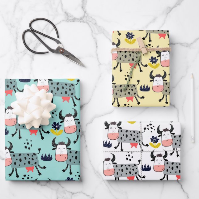 Funny Farm Cows Wrapping Paper Set of 3 (Front)