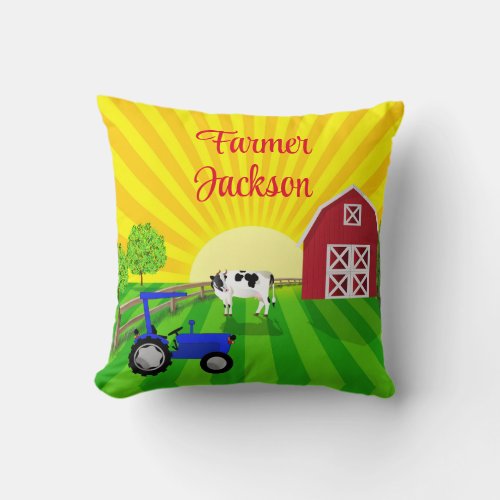 Funny Farm Tractor Barn and Cow   Throw Pillow