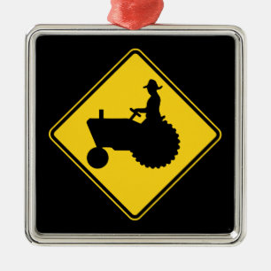 Funny Farm Tractor Road Sign Warning Metal Ornament