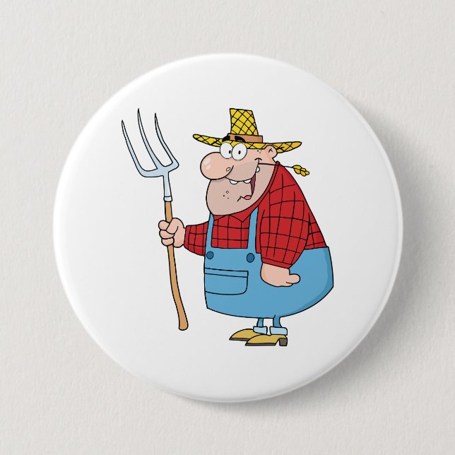 Funny Farmer Pitchfork Overalls and Straw Hat Button (Front)