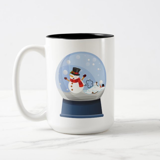 Funny Farting Snowmen Snowglobe Two-Tone Coffee Mug (Left)