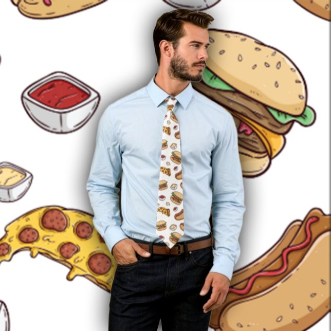 Funny Fast Food Design- Hamburgers Hot Dogs Pizza Neck Tie (Man wearing a necktie featuring fast food- pizza, hamburger and hotdogs. Backdrop matches tie.)