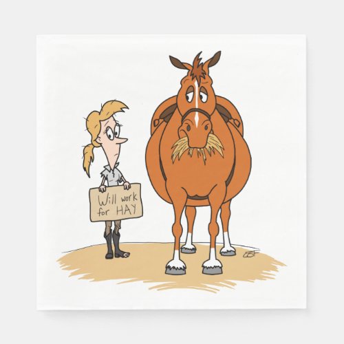 Funny Fat Cartoon Horse Woman Will Work For Hay Paper Napkins