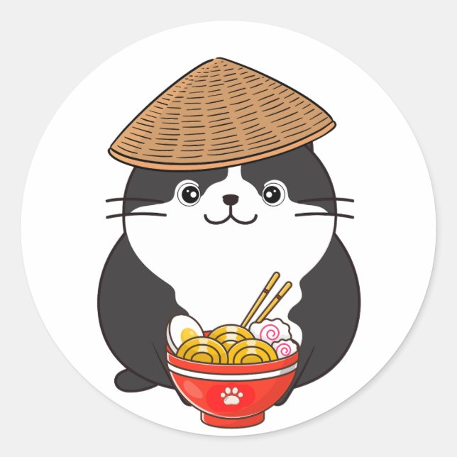 Funny fat cat is eating noodles classic round sticker (Front)