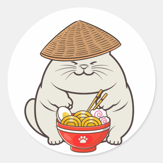 Funny fat cat is eating noodles classic round sticker (Front)