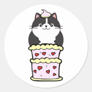 Funny fat cat jumping out of a cake classic round sticker