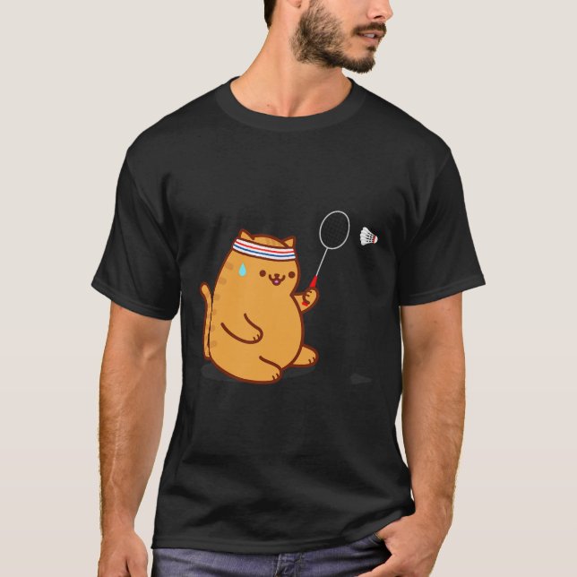 Funny Fat Cat Playing Dminton  T-Shirt (Front)