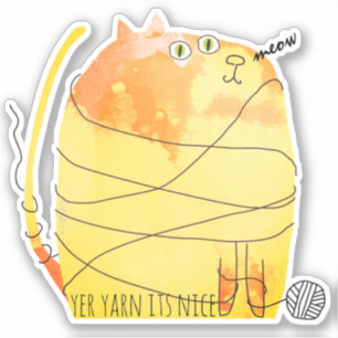 Funny fat cat playing with yarn knitting crochet sticker