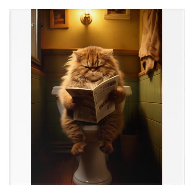 Funny Fat Cat Reading Newspaper on Toilet Acrylic Print (Front)