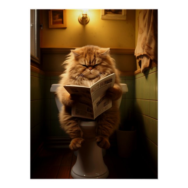 Funny Fat Cat Reading Newspaper on Toilet Poster (Front)