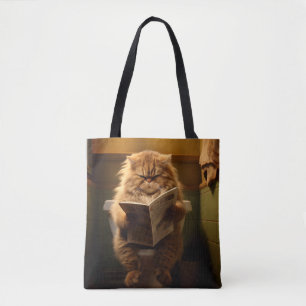 Funny Fat Cat Reading Newspaper on Toilet Tote Bag