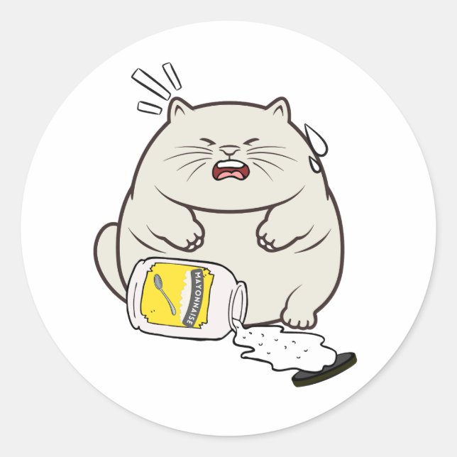 Funny Fat Cat spilled mayonnaise Classic Round Sticker (Front)