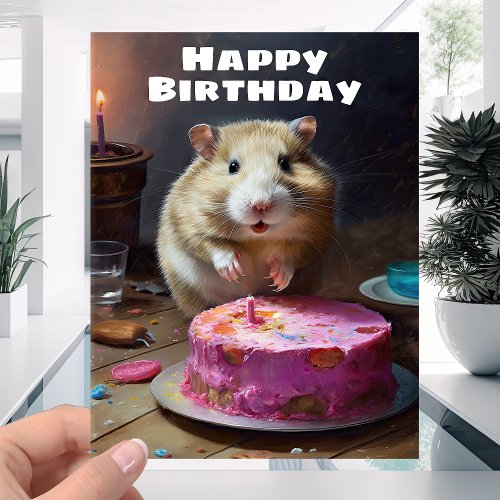 Funny Fat Hamster and Candle Cake _ Happy Birthday Card