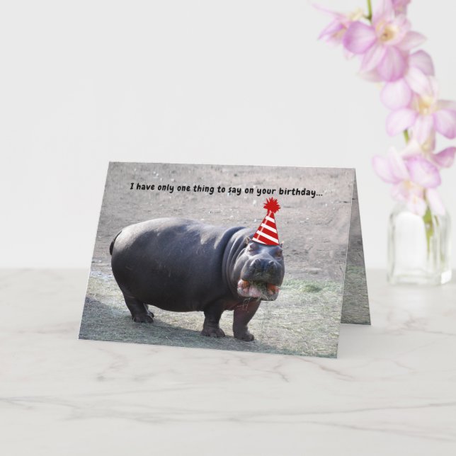 Funny Fat Hippo with Hat Animal Happy Birthday Card (Orchid)