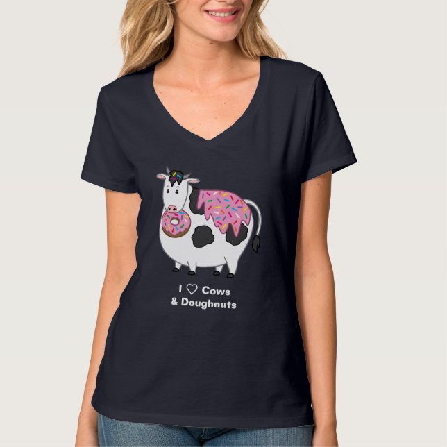 Funny Fat Holstein Cow Eating Sprinkle Doughnut T-Shirt (Front)