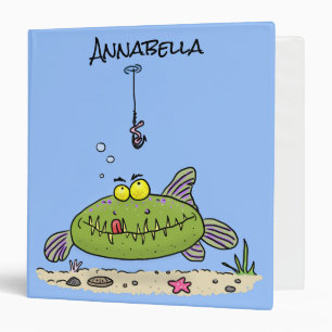 Funny fat hungry green fish fishing cartoon 3 ring binder