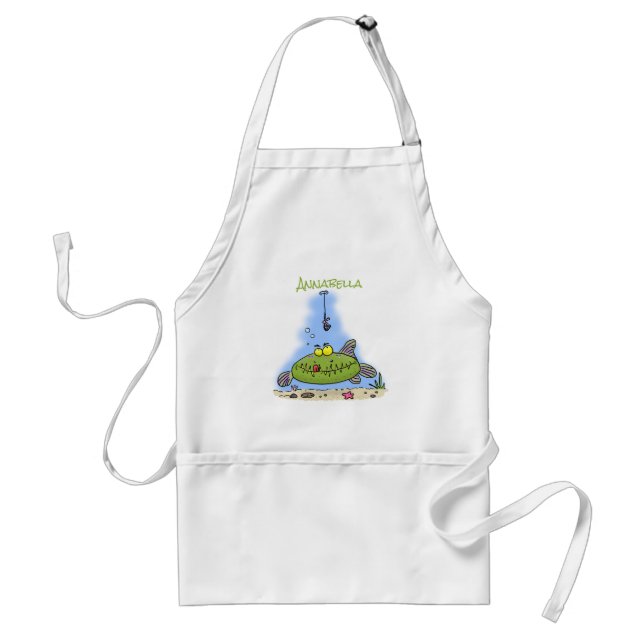 Funny fat hungry green fish fishing cartoon adult apron (Front)
