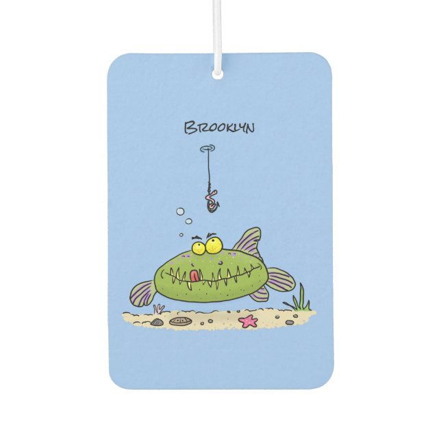 Funny fat hungry green fish fishing cartoon air freshener (Front)