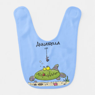 Funny fat hungry green fish fishing cartoon baby bib