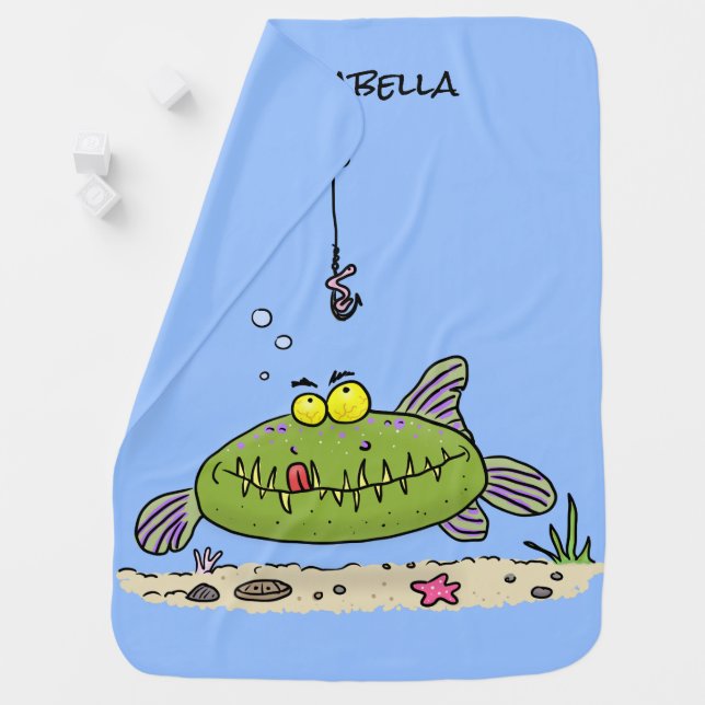 Funny fat hungry green fish fishing cartoon baby blanket (In Situ)