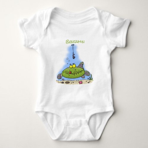 Funny fat hungry green fish fishing cartoon baby bodysuit