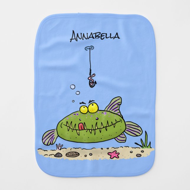 Funny fat hungry green fish fishing cartoon baby burp cloth (Front)