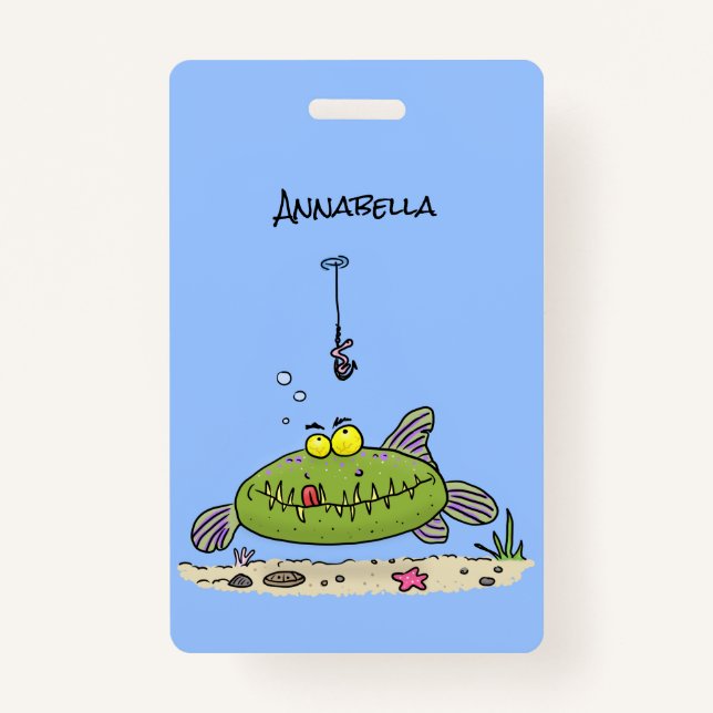 Funny fat hungry green fish fishing cartoon badge (Front)